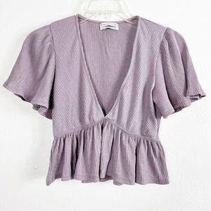 Urban Outfitters Rori Smitten Ribbed Peplum Lavender Flutter Sleeve V-Neck Top